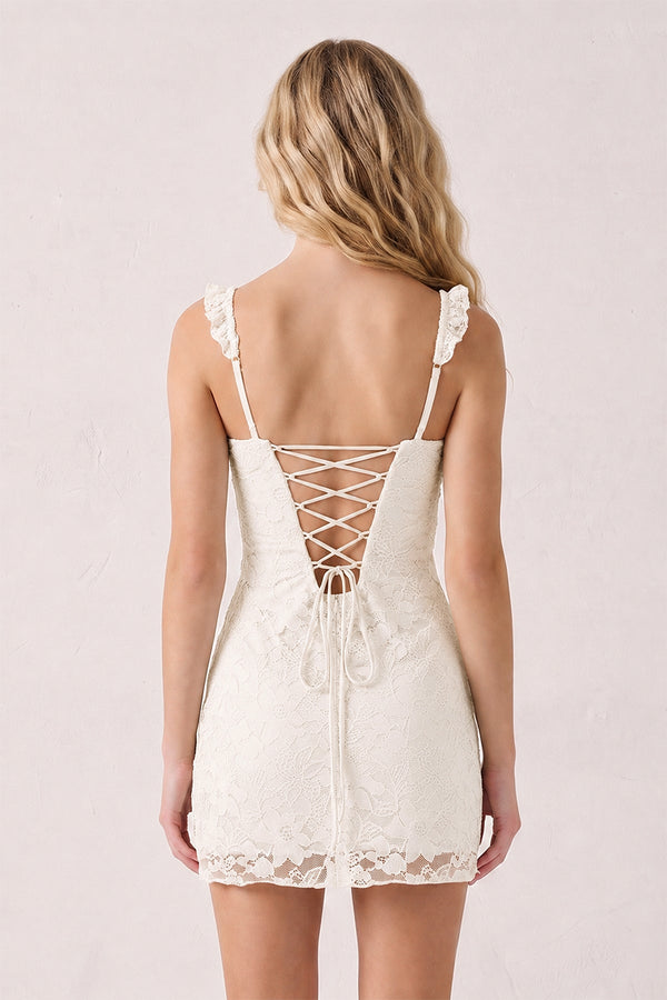 Ivory Sweetheart Lace Sheath Mini Homecoming Dress with Lace-Up Back (2) | KISSPROM