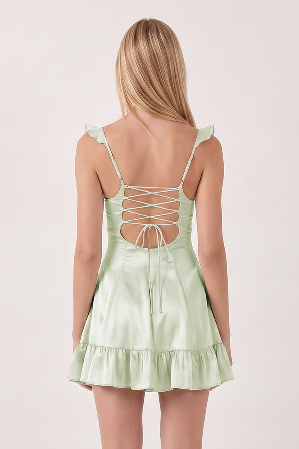 Sage Sweetheart Ruffled A-Line Satin Homecoming Dress | KISSPROM