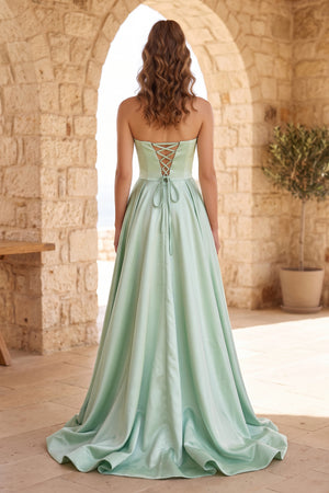 Sage Green Strapless Satin Long Prom Dress With High Split - KISSPROM