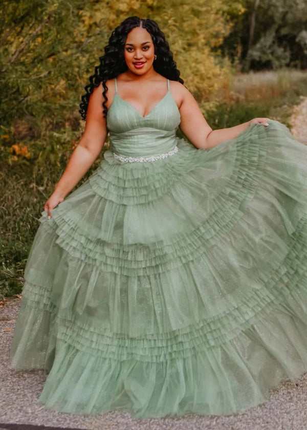 Amanda| A-Line Spaghetti Straps Long Tiered Tulle Prom Dress With Split