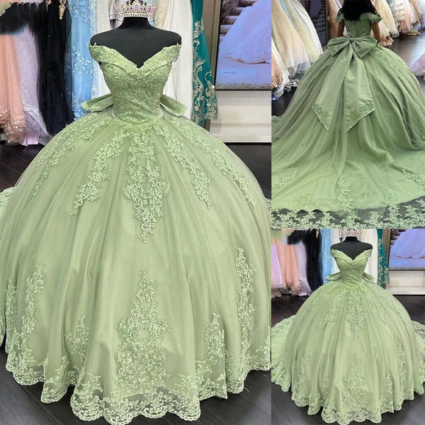 Lace Sage Applique Off Shoulder Quinceanera Dresses