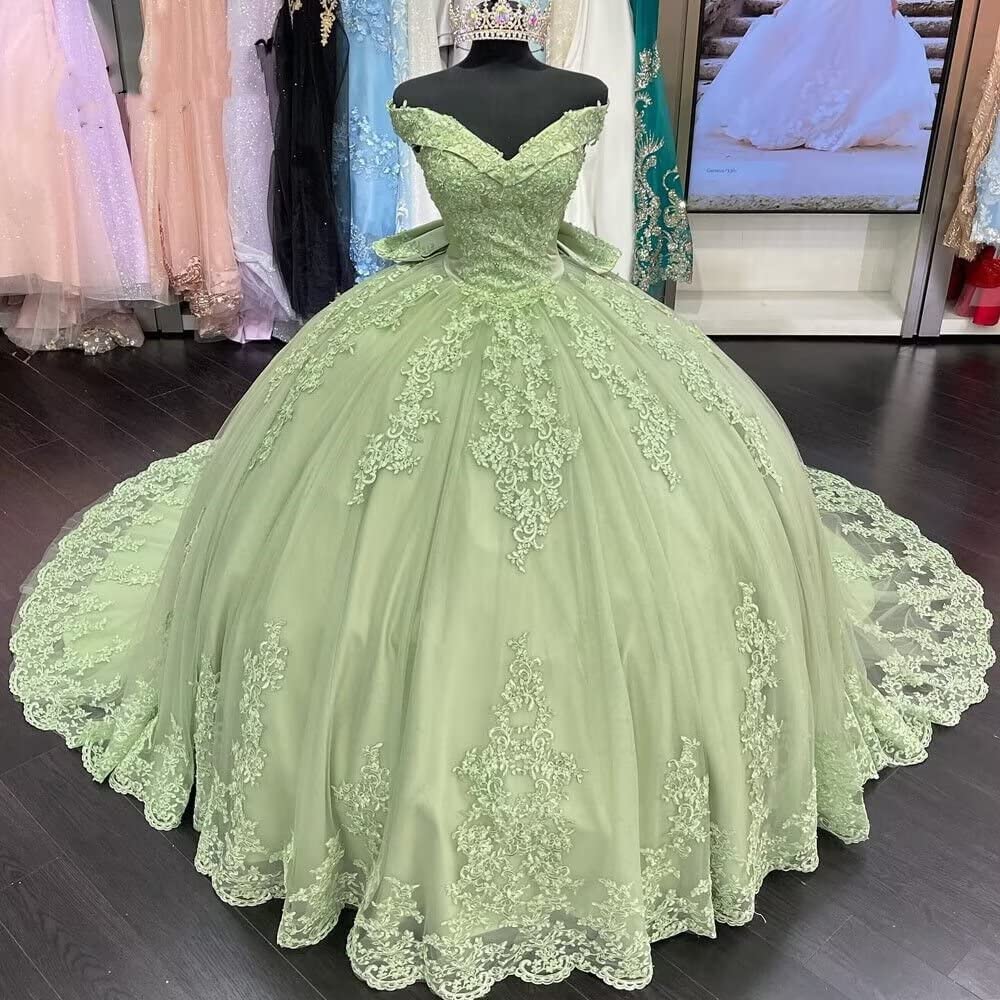 Lace Tulle Sage Applique Off Shoulder Quinceanera Dresses Lace Tulle Sage Applique Off Shoulder Quinceanera Dresses
