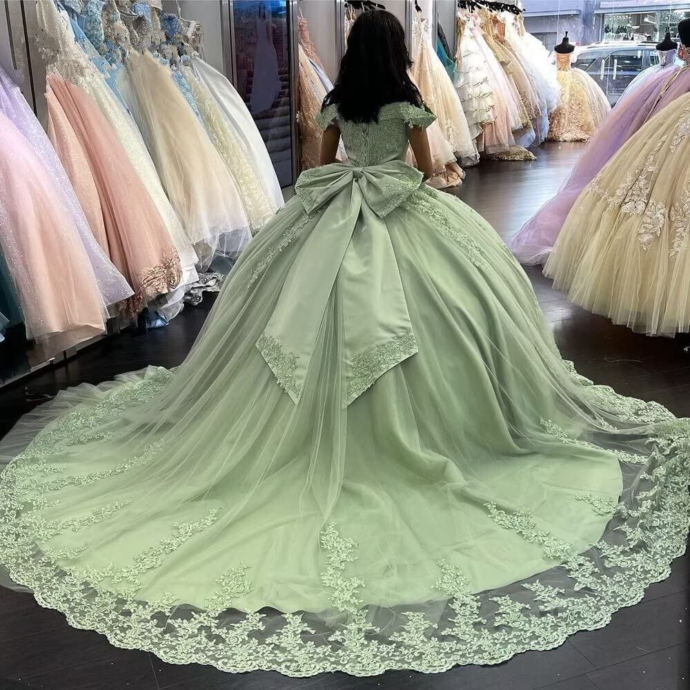 Lace Sage Green Quinceanera Dresses Applique Off Shoulder Sweet  Dress