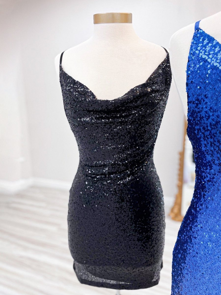 Salvia | Black - Spaghetti Straps Sequins Sheath Short Homecoming Dress