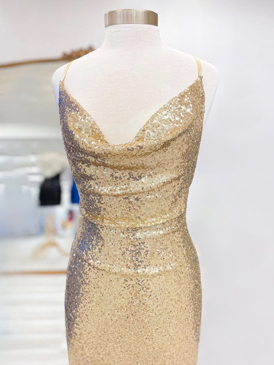Salvia | Gold - Spaghetti Straps Sequins Sheath Short Homecoming Dress