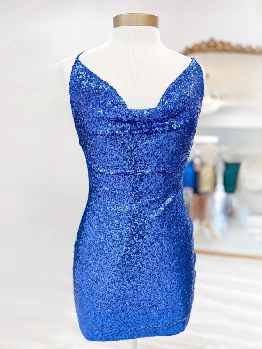 Salvia | Royal Blue - Spaghetti Straps Sequins Sheath Short Homecoming Dress