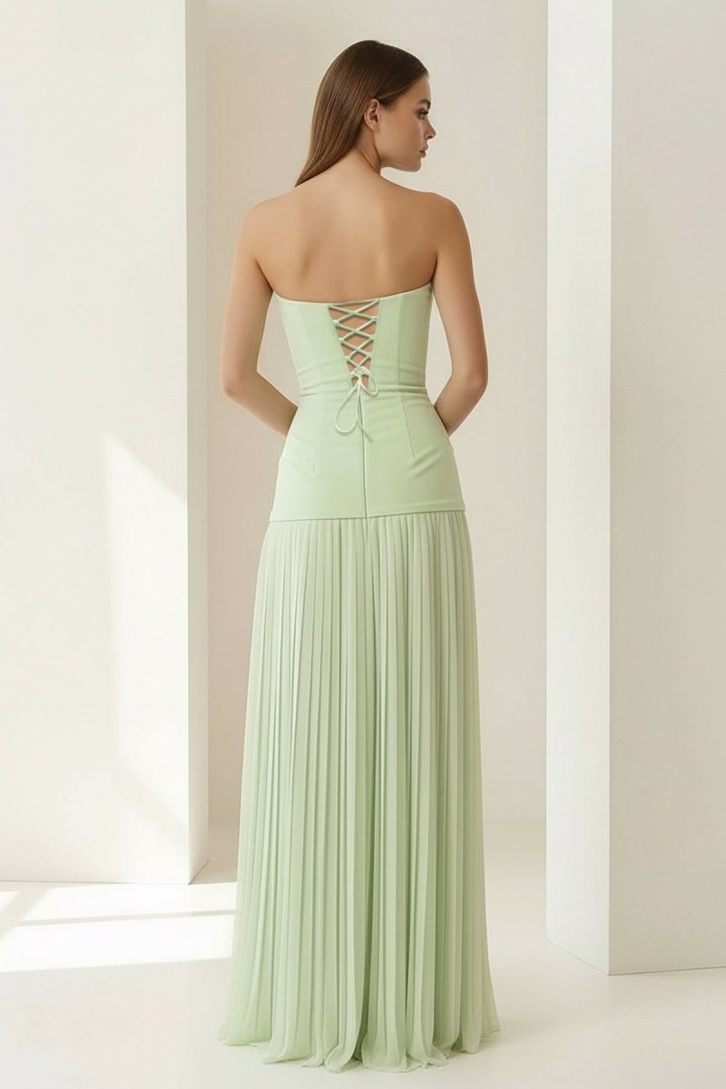 Samaher | Sage - Strapless Sheath Chiffon Pleated Long Prom Dresses - KissProm