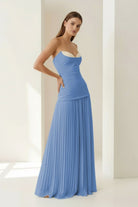 Samaher | Blue - Strapless Sheath Chiffon Pleated Long Prom Dresses - KissProm