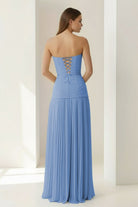 Samaher | Blue - Strapless Sheath Chiffon Pleated Long Prom Dresses - KissProm