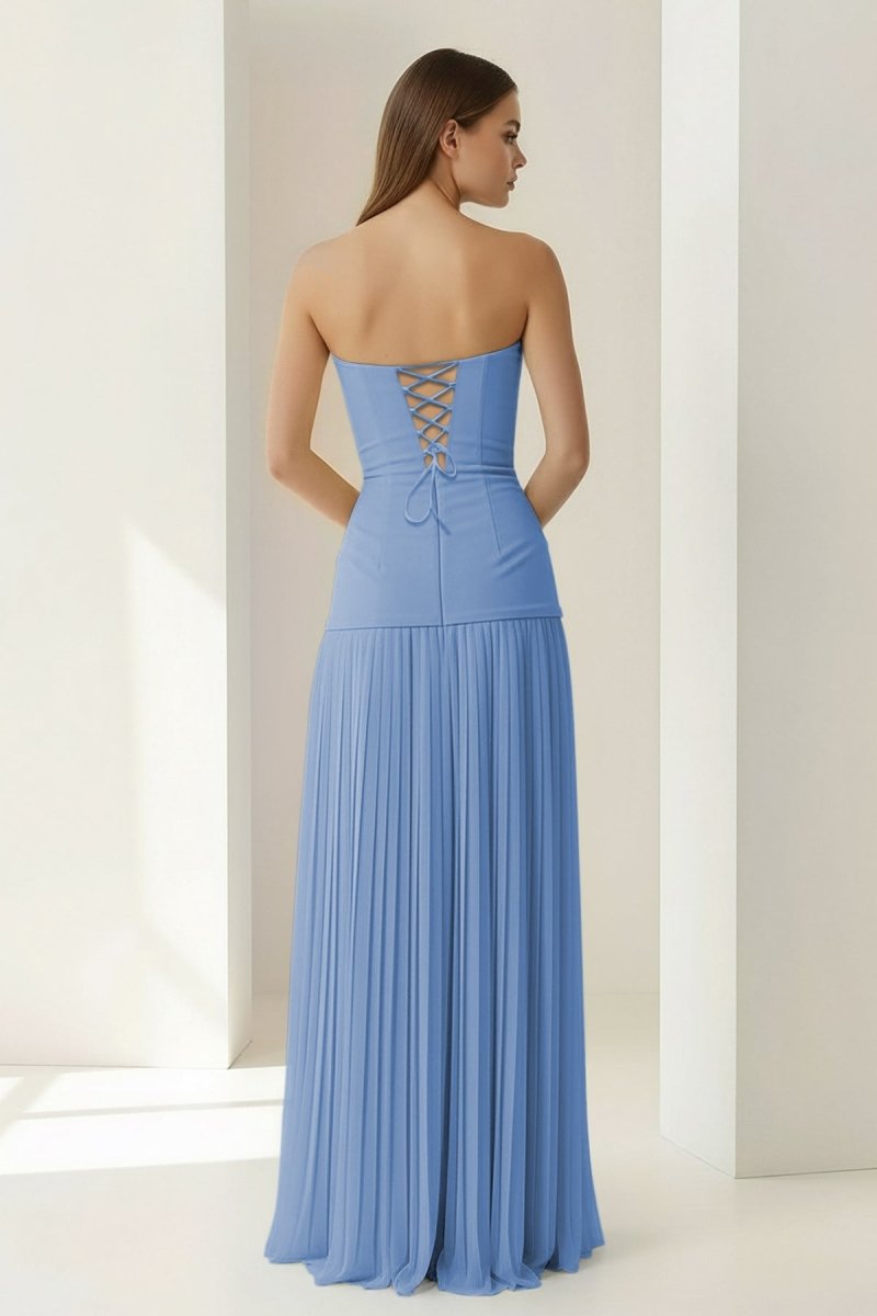 Samaher | Blue - Strapless Sheath Chiffon Pleated Long Prom Dresses - KissProm