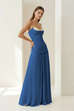 KissProm- Blue Sweetheart Sheath Chiffon Pleated Long Prom Dresses