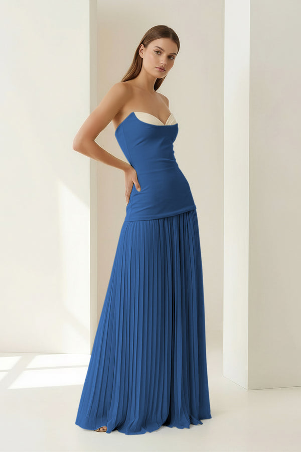 KissProm- Blue Sweetheart Sheath Chiffon Pleated Long Prom Dresses