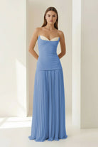 Samaher | Blue - Strapless Sheath Chiffon Pleated Long Prom Dresses - KissProm