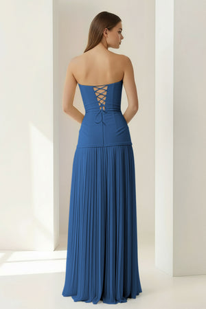KissProm- Blue Sweetheart Sheath Chiffon Pleated Long Prom Dresses