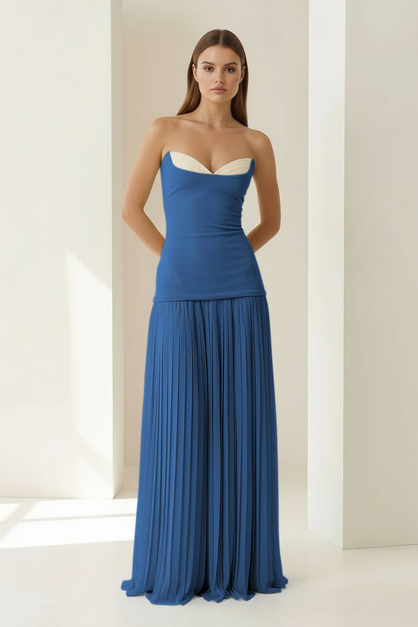 KissProm- Blue Sweetheart Sheath Chiffon Pleated Long Prom Dresses