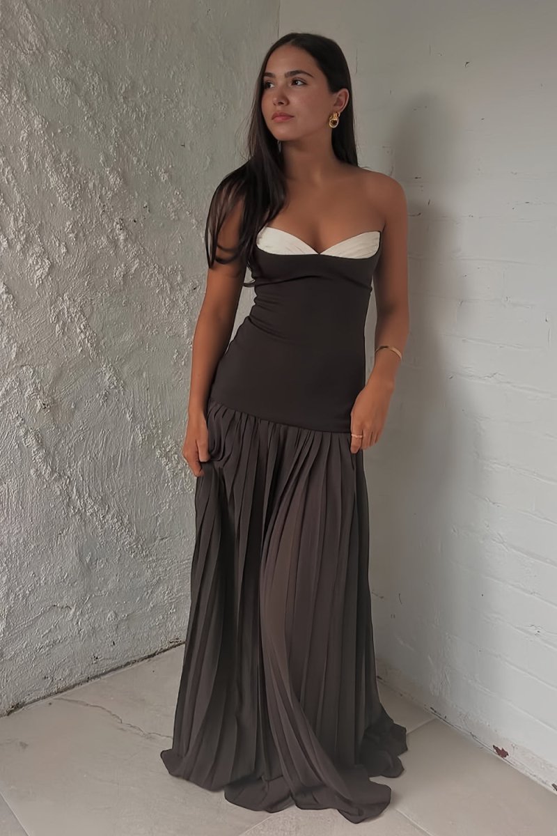 KissProm-Samaher Brown Strapless Sheath Chiffon Pleated Long Prom Dresses