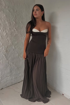 KissProm-Samaher Brown Strapless Sheath Chiffon Pleated Long Prom Dresses