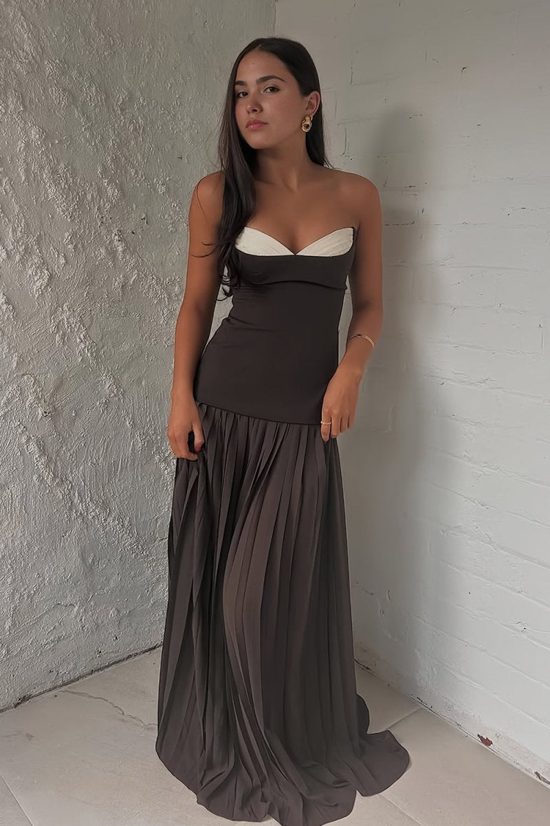 KissProm-Samaher Brown Strapless Sheath Chiffon Pleated Long Prom Dresses