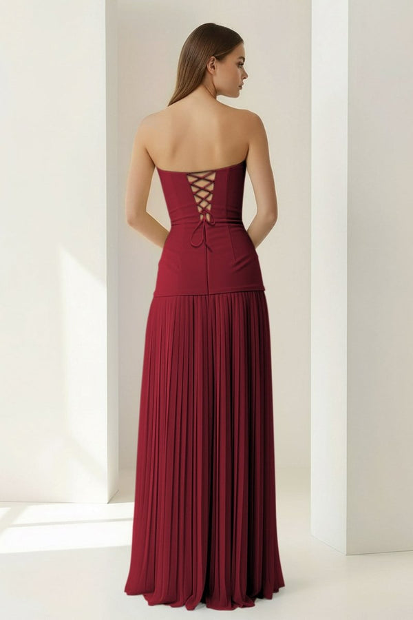 Samaher | Blue - Strapless Sheath Chiffon Pleated Long Prom Dresses - KissProm