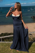 Samaher | Blue - Strapless Sheath Chiffon Pleated Long Prom Dresses - KissProm