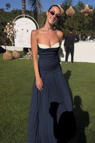 Samaher | Blue - Strapless Sheath Chiffon Pleated Long Prom Dresses - KissProm