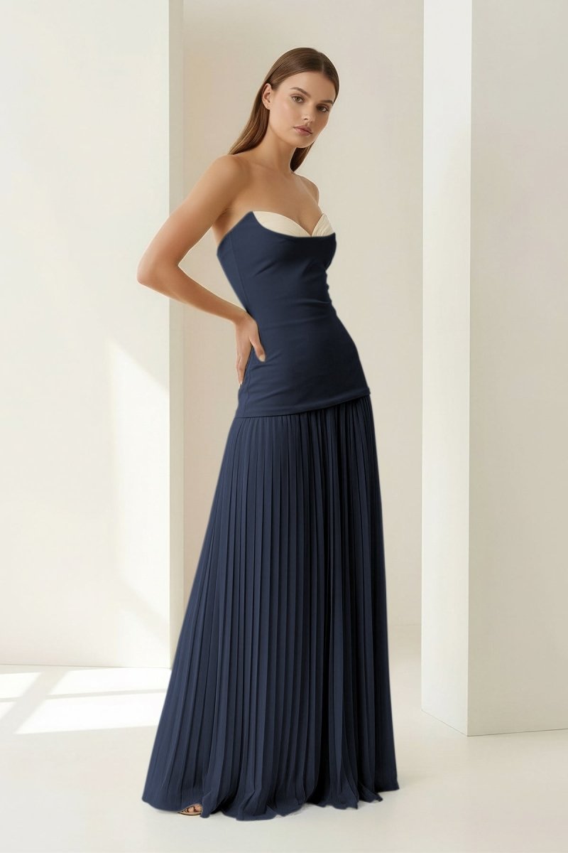 Samaher | Blue - Strapless Sheath Chiffon Pleated Long Prom Dresses - KissProm