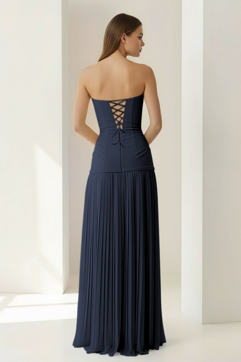 Samaher | Blue - Strapless Sheath Chiffon Pleated Long Prom Dresses - KissProm