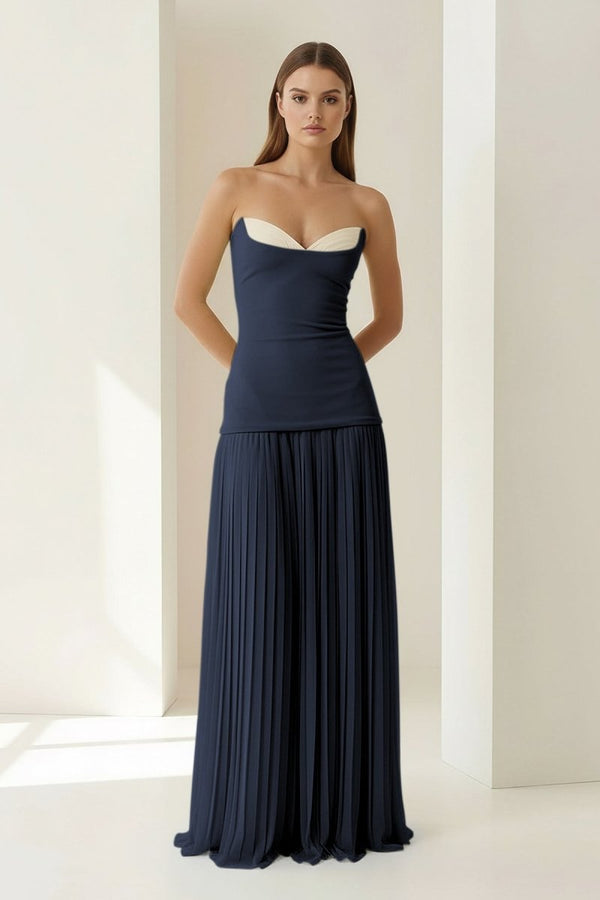 Samaher | Blue - Strapless Sheath Chiffon Pleated Long Prom Dresses - KissProm