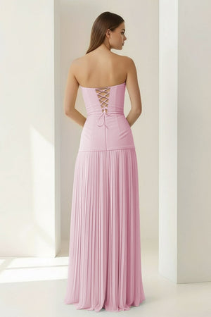 Samaher | Blue - Strapless Sheath Chiffon Pleated Long Prom Dresses - KissProm