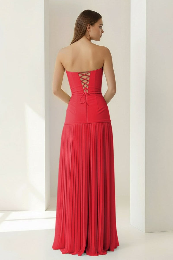 Samaher | Blue - Strapless Sheath Chiffon Pleated Long Prom Dresses - KissProm