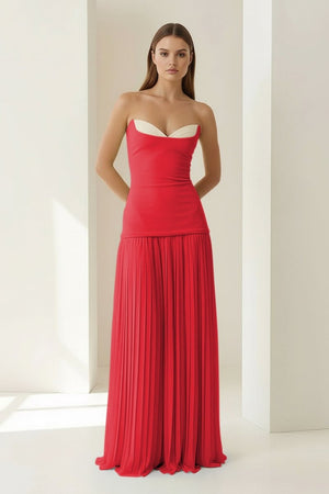 Samaher | Blue - Strapless Sheath Chiffon Pleated Long Prom Dresses - KissProm