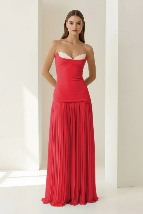 Samaher | Blue - Strapless Sheath Chiffon Pleated Long Prom Dresses - KissProm