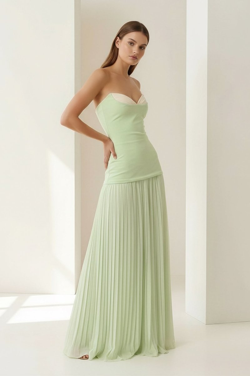 Samaher | Sage - Strapless Sheath Chiffon Pleated Long Prom Dresses - KissProm