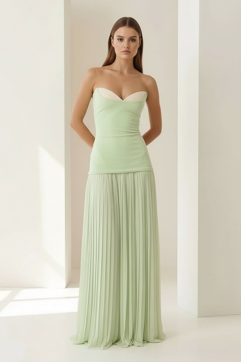 Samaher | Sage - Strapless Sheath Chiffon Pleated Long Prom Dresses - KissProm