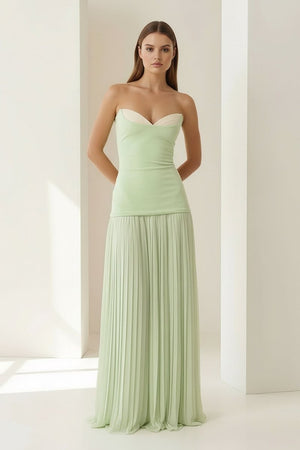 Samaher | Sage - Strapless Sheath Chiffon Pleated Long Prom Dresses - KissProm
