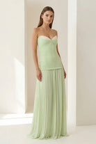 Samaher | Sage - Strapless Sheath Chiffon Pleated Long Prom Dresses - KissProm