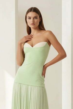Samaher | Sage - Strapless Sheath Chiffon Pleated Long Prom Dresses - KissProm
