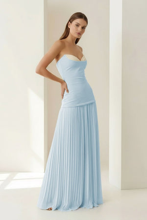 Samaher | Blue - Strapless Sheath Chiffon Pleated Long Prom Dresses - KissProm