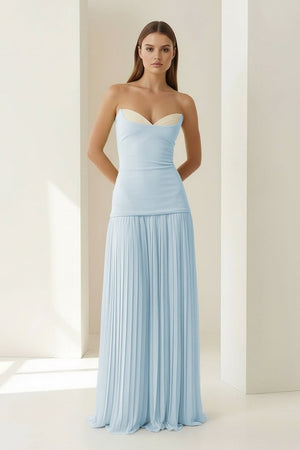 Samaher | Blue - Strapless Sheath Chiffon Pleated Long Prom Dresses - KissProm
