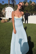 Samaher | Blue - Strapless Sheath Chiffon Pleated Long Prom Dresses - KissProm