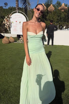 KissProm-Samaher Sage Strapless Sheath Chiffon Pleated Long Prom Dresses