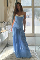 KissProm-Samaher Blue Strapless Sheath Chiffon Pleated Long Prom Dresses