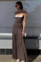 KissProm-Samaher Brown Strapless Sheath Chiffon Pleated Long Prom Dresses