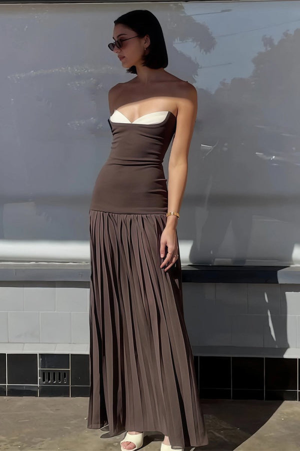 KissProm-Samaher Brown Strapless Sheath Chiffon Pleated Long Prom Dresses