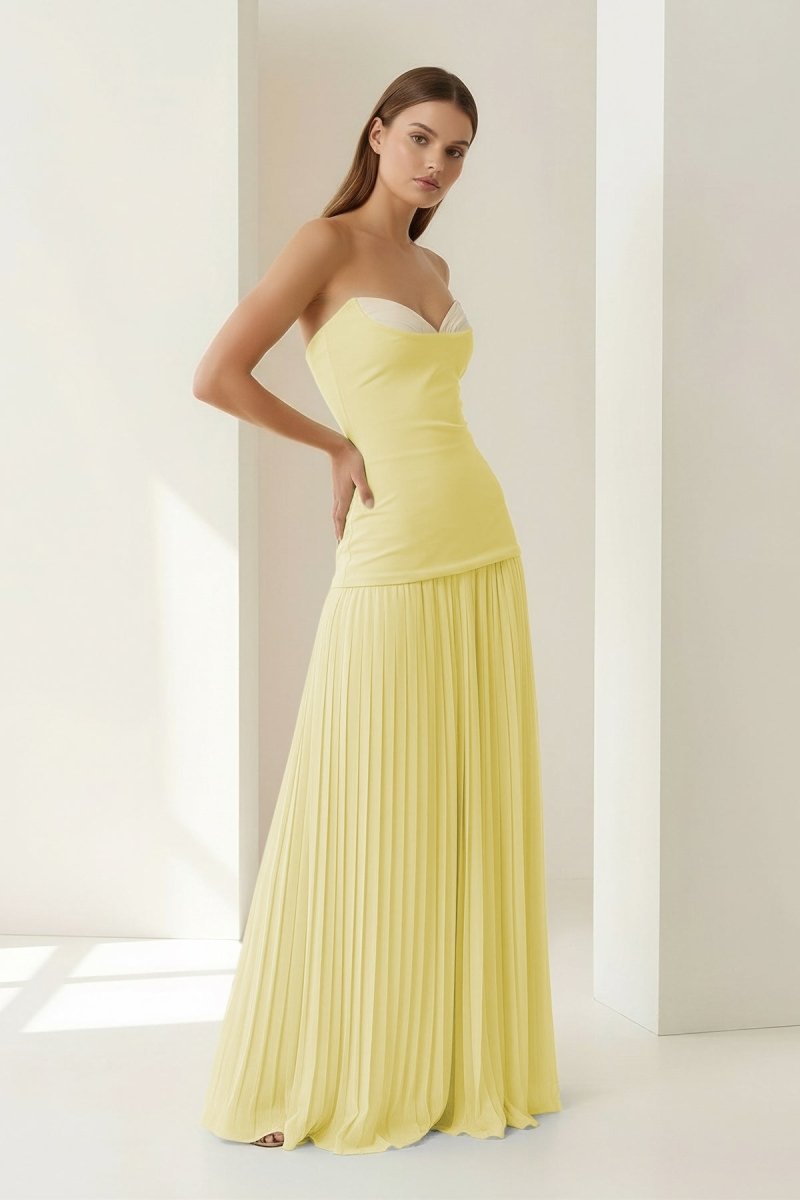 Samaher | Blue - Strapless Sheath Chiffon Pleated Long Prom Dresses - KissProm