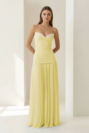 Samaher | Blue - Strapless Sheath Chiffon Pleated Long Prom Dresses - KissProm