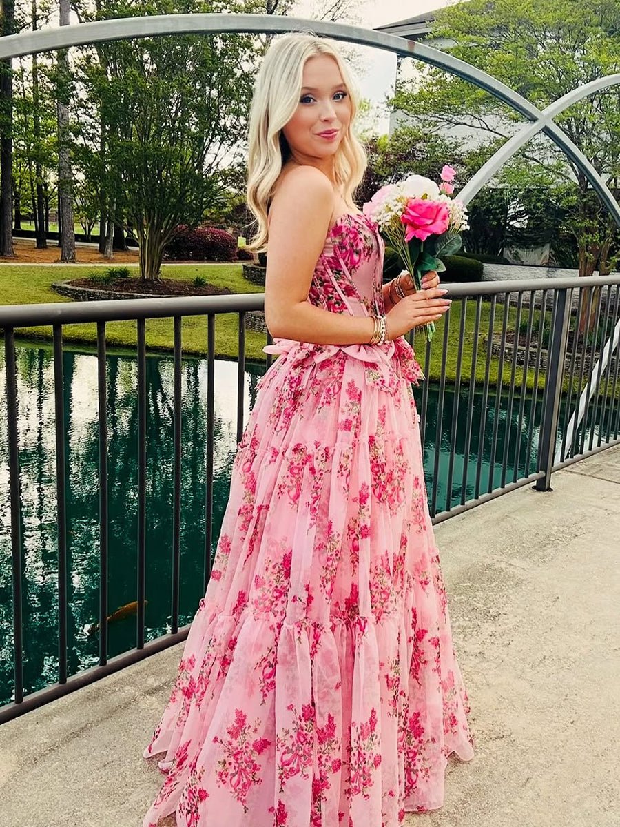 Santiago | Pink Strapless Chiffon A Line Floral Tiered Prom Dress With Bow