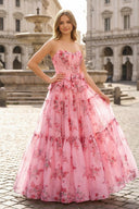 Pink Sweetheart Chiffon A Line Floral Tiered Prom Dress With Bow - KissProm