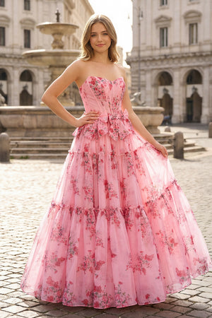 Santiago | Pink Strapless Chiffon A Line Floral Tiered Prom Dress With Bow - KissProm