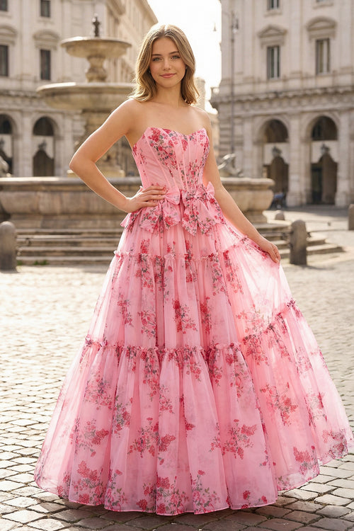 Santiago | Pink Strapless Chiffon A Line Floral Tiered Prom Dress With Bow - KissProm